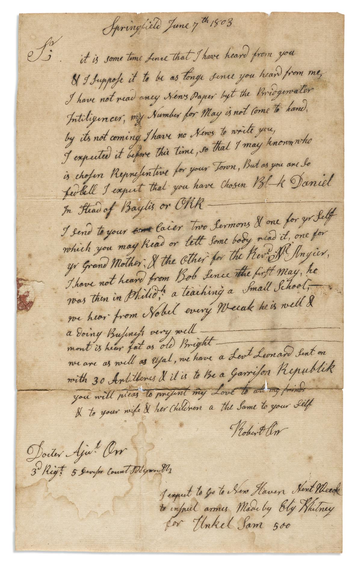 (UNCLE SAM.) Robert Orr. Letter about an arms inspection for Eli Whitney--with the earliest known reference to Uncle Sam.